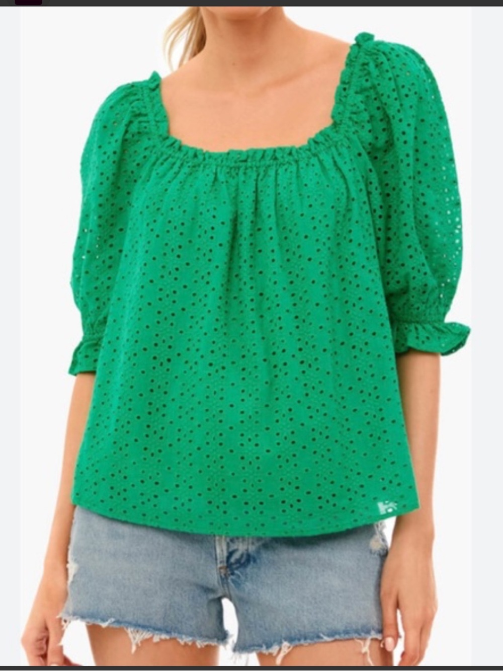 Pomander Place Square-Neck Eyelet Peasant Top Kelly Green